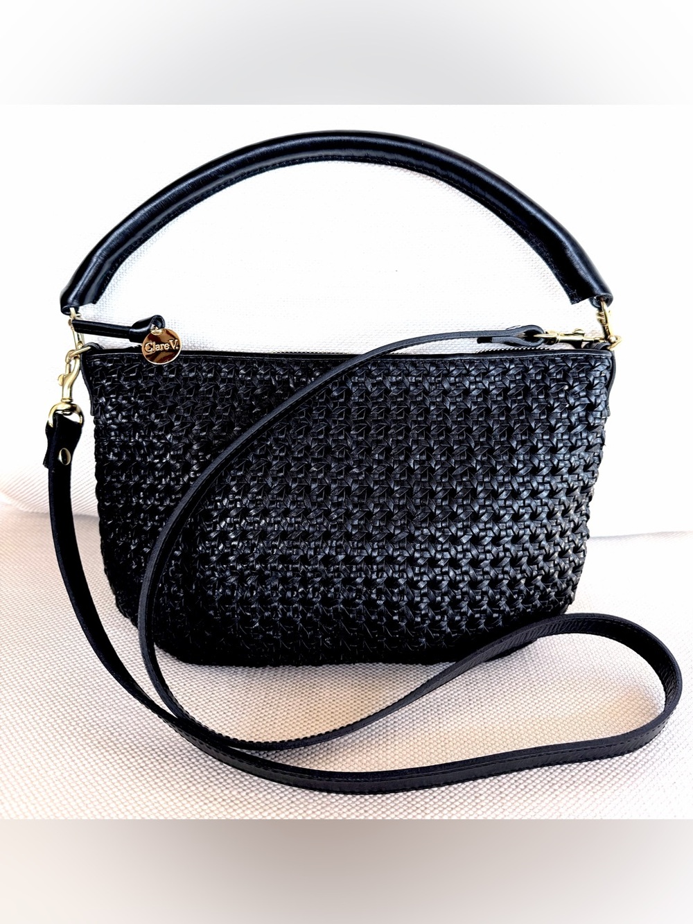 Clare V Black Woven Leather Shoulder Bag with Detachable Strap